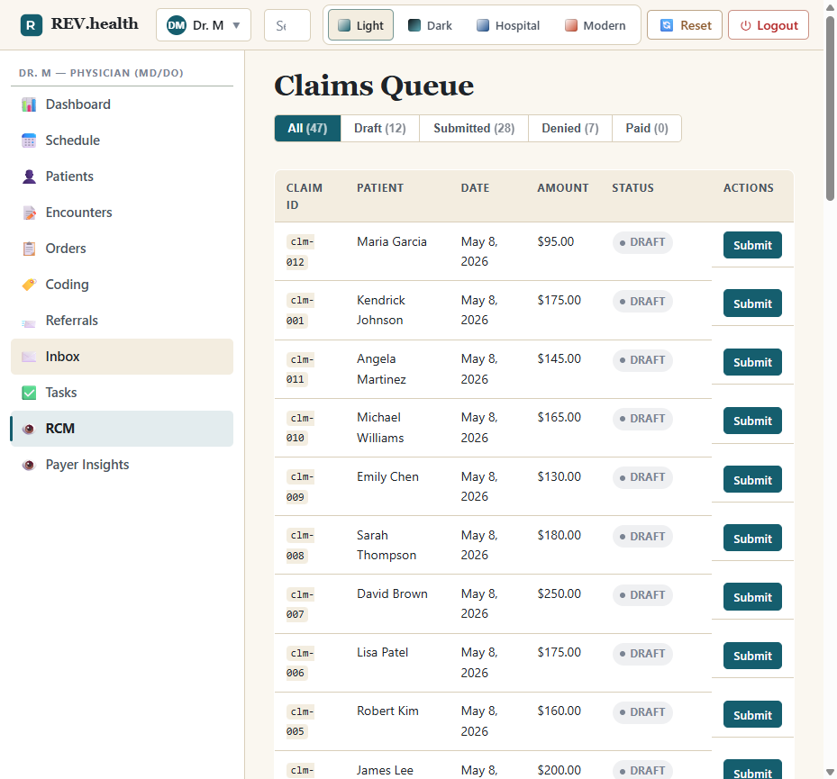 rev.health claims and revenue cycle workspace